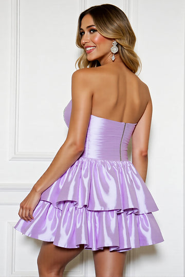 Lilac Strapless Tiered A Line Short Prom Dress with Rhinestone